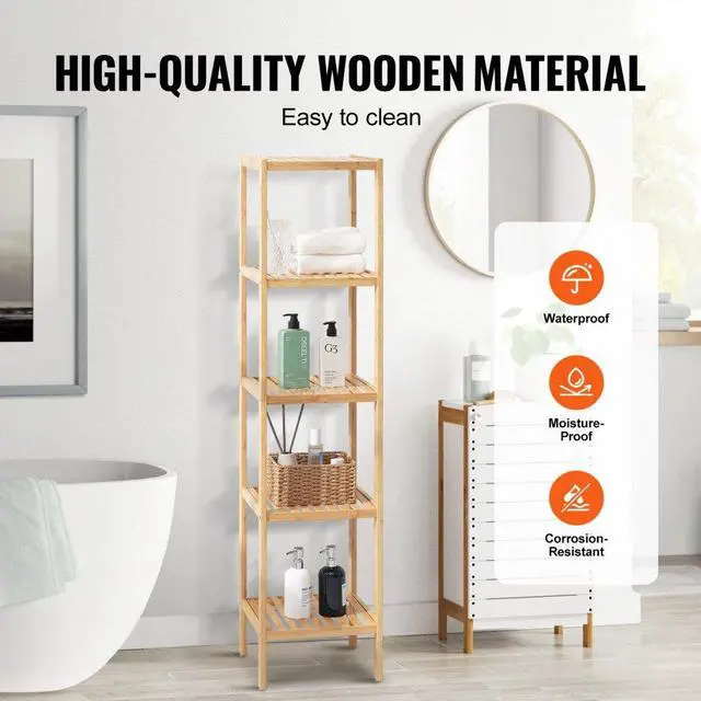 Alt view image 5 of 7 - VEVOR 5-Tier Bathroom Standing Shelf, Rattan Shelf, Narrow Shelving Unit, Display Storage Rack Organizer, Freestanding Flower Plant Stand, Multifunctional Bamboo Shelf Ideal for Bathroom, Kitchen, Ho