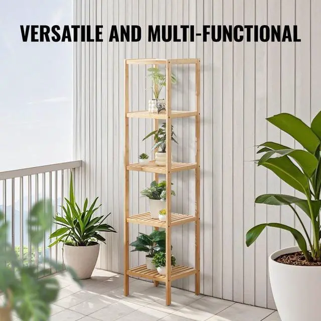 Alt view image 7 of 7 - VEVOR 5-Tier Bathroom Standing Shelf, Rattan Shelf, Narrow Shelving Unit, Display Storage Rack Organizer, Freestanding Flower Plant Stand, Multifunctional Bamboo Shelf Ideal for Bathroom, Kitchen, Ho