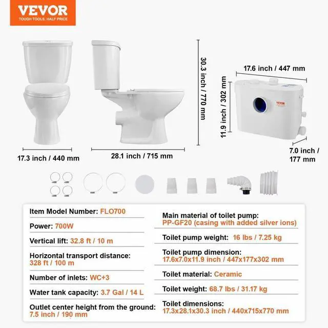 Alt view image 7 of 7 - VEVOR Macerating Toilet System with 700W Pump Upflush Toilet For Basement