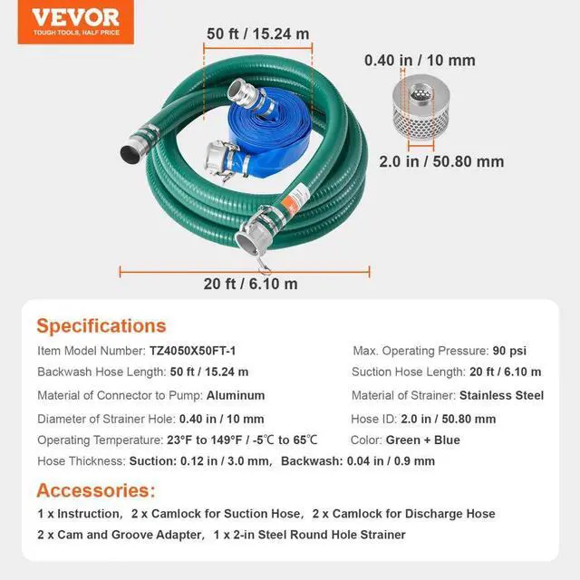 Alt view image 7 of 7 - VEVOR Suction Hose Kit for Water Pump 2 in x 20 ft Green/50 ft Blue Hoses