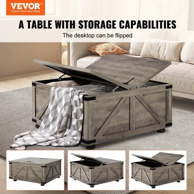 Alt view image 2 of 7 - VEVOR  Farmhouse Coffee Table, 36 Inch Hinged Square Coffee Table with Large Storage Compartment, Wooden Rustic Cocktail Table for Living Room, Bedroom, Apartment, Studio, Beige