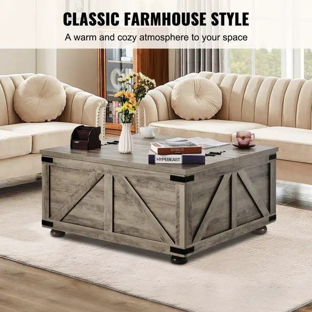 Alt view image 3 of 7 - VEVOR  Farmhouse Coffee Table, 36 Inch Hinged Square Coffee Table with Large Storage Compartment, Wooden Rustic Cocktail Table for Living Room, Bedroom, Apartment, Studio, Beige