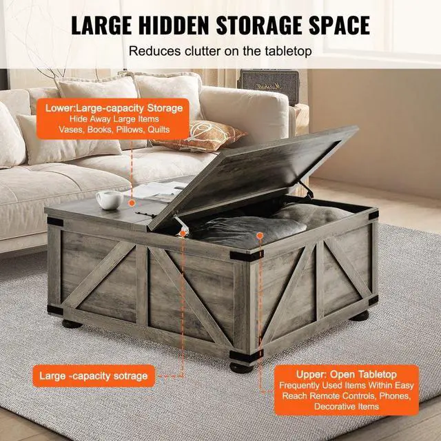 Alt view image 4 of 7 - VEVOR  Farmhouse Coffee Table, 36 Inch Hinged Square Coffee Table with Large Storage Compartment, Wooden Rustic Cocktail Table for Living Room, Bedroom, Apartment, Studio, Beige