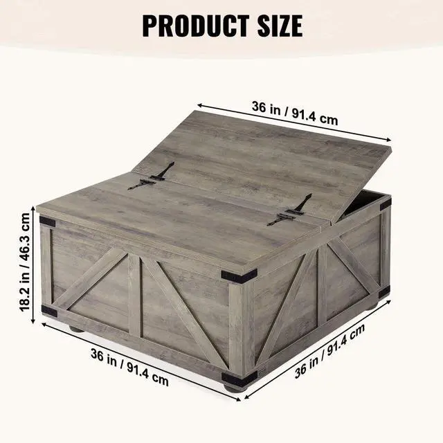 Alt view image 6 of 7 - VEVOR  Farmhouse Coffee Table, 36 Inch Hinged Square Coffee Table with Large Storage Compartment, Wooden Rustic Cocktail Table for Living Room, Bedroom, Apartment, Studio, Beige