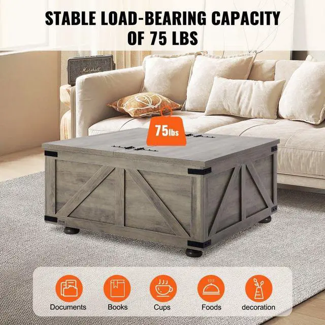 Alt view image 5 of 7 - VEVOR  Farmhouse Coffee Table, 36 Inch Hinged Square Coffee Table with Large Storage Compartment, Wooden Rustic Cocktail Table for Living Room, Bedroom, Apartment, Studio, Beige