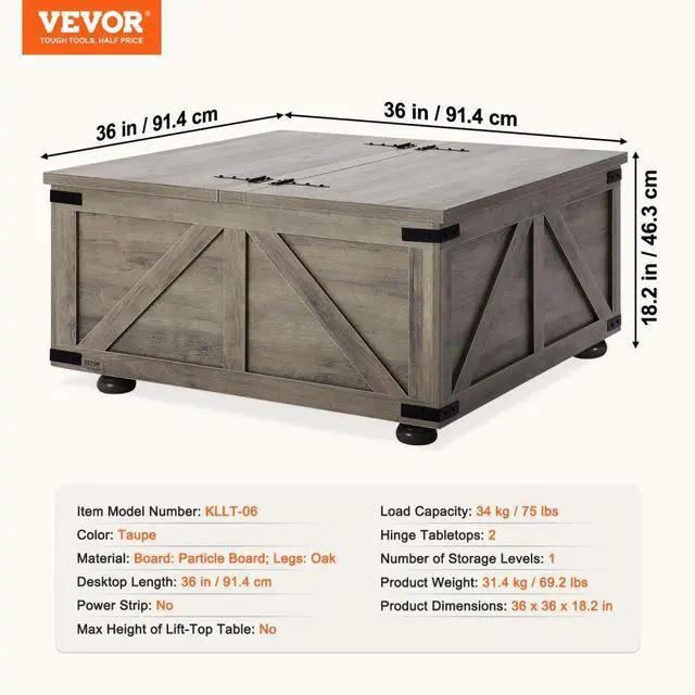 Alt view image 7 of 7 - VEVOR  Farmhouse Coffee Table, 36 Inch Hinged Square Coffee Table with Large Storage Compartment, Wooden Rustic Cocktail Table for Living Room, Bedroom, Apartment, Studio, Beige