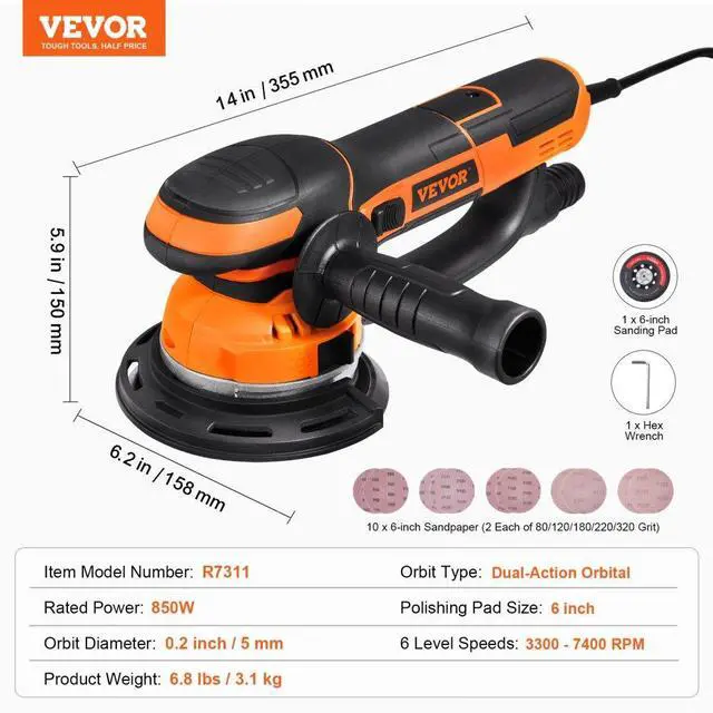 Alt view image 7 of 7 - Random Orbital Sander 6'' DA & GA Dual-Action Sander 10 PCS Sandpapers 6 Speeds