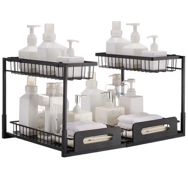 Main image of VEVOR 2 Tier Pull Out Cabinet Organizer(10.7"W x 14.2"D ), Under Sink Organizer and Storage, Slide Out Drawer Cabinet Organizer, Wire Basket Shelf, 25.5"Wx15.5"Dx13"H Install Size for Cabinet (2 Pack)