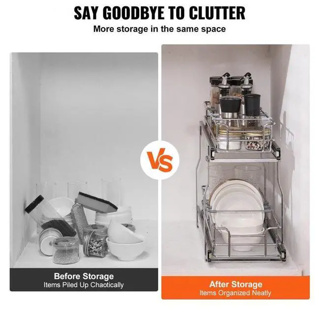 Alt view image 6 of 7 - VEVOR 2-Tier 8.5"Wx21"Dx15"H Wire Pull Out Cabinet Under Sink Organizer Drawer Basket, 10"Wx22"Dx18"H  Install Size for Cabinet