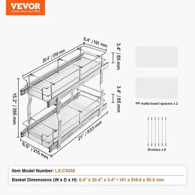 Alt view image 7 of 7 - VEVOR 2-Tier 8.5"Wx21"Dx15"H Wire Pull Out Cabinet Under Sink Organizer Drawer Basket, 10"Wx22"Dx18"H  Install Size for Cabinet