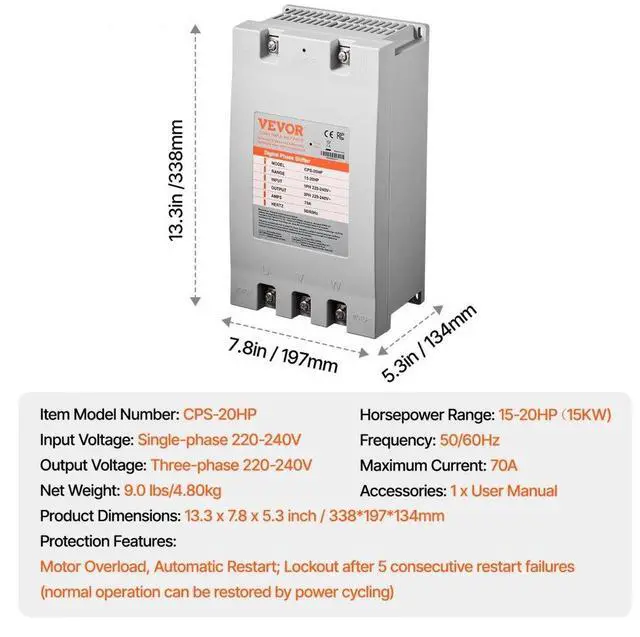 Alt view image 7 of 7 - VEVOR 3 Phase Converter 20HP 70A 220V Single to 3 Phase 220V-240V Input/Output
