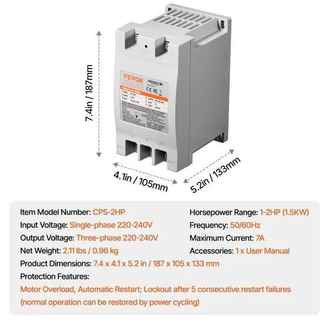 Alt view image 7 of 7 - VEVOR 3 Phase Converter 2HP 7A 220V Single to 3 Phase 220V-240V Input/Output