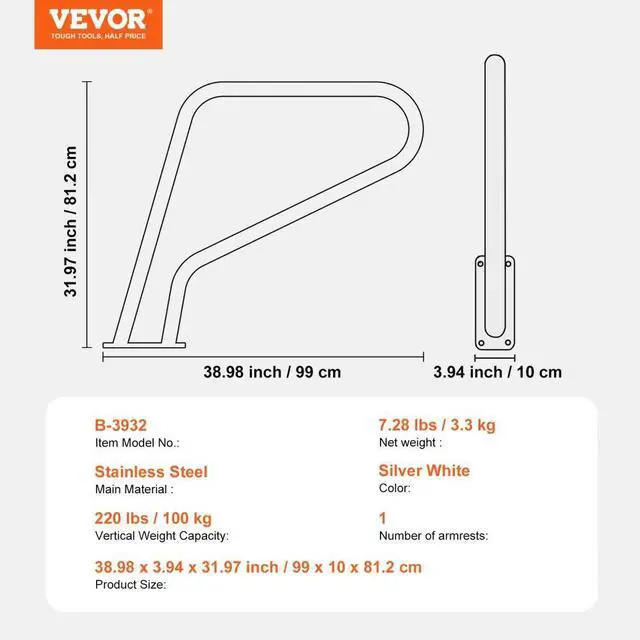 Alt view image 7 of 7 - Pool Handrail 39 x 32 inch Stainless Steel with Base Plate for Spas