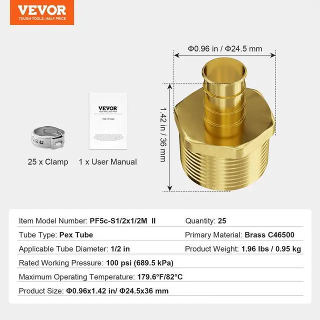 Alt view image 7 of 7 - VEVOR Pipe Fittings 1/2" 25PCS Brass Clamp-style 1/2 NPT External Thread for Air
