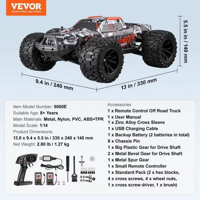 Alt view image 7 of 7 - Remote Control Car 1:14 Scale Kids RC Car All Terrain 4WD Off-Road Truck