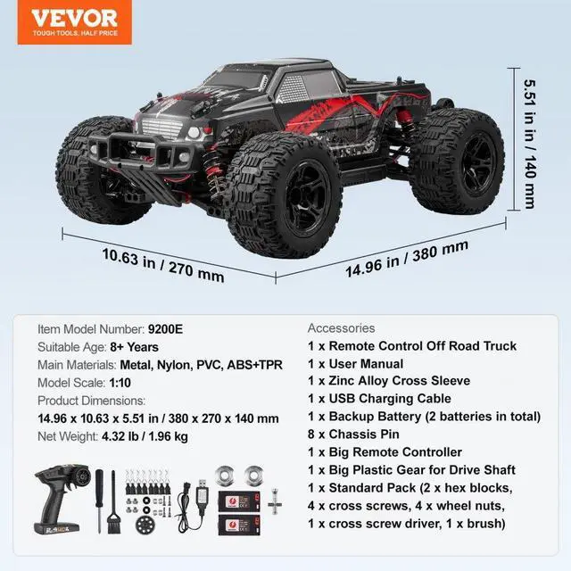 Alt view image 7 of 7 - Remote Control Car 1:10 Scale Kids RC Car All Terrain 4WD Off-Road Truck