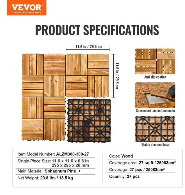 Alt view image 7 of 7 - VEVOR Interlocking Deck Tiles Solid Wood 27 Pack 12"x12" Camphor Pine for Porch