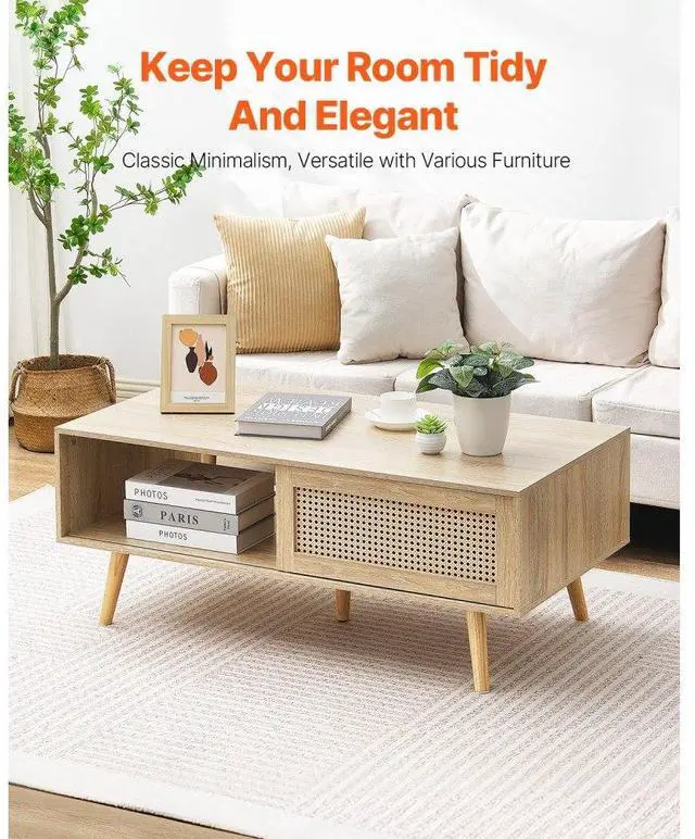 Alt view image 2 of 7 - VEVOR Rattan Coffee Table, Mid Century Coffee Table, Rectangle Wood Coffee Table, 42 Inch Modern Boho Style Two Layers Storage Coffee Table, for Living Room, Bedroom & Small Spaces