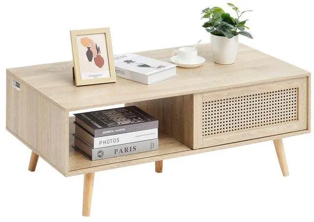 Main image of VEVOR Rattan Coffee Table, Mid Century Coffee Table, Rectangle Wood Coffee Table, 42 Inch Modern Boho Style Two Layers Storage Coffee Table, for Living Room, Bedroom & Small Spaces