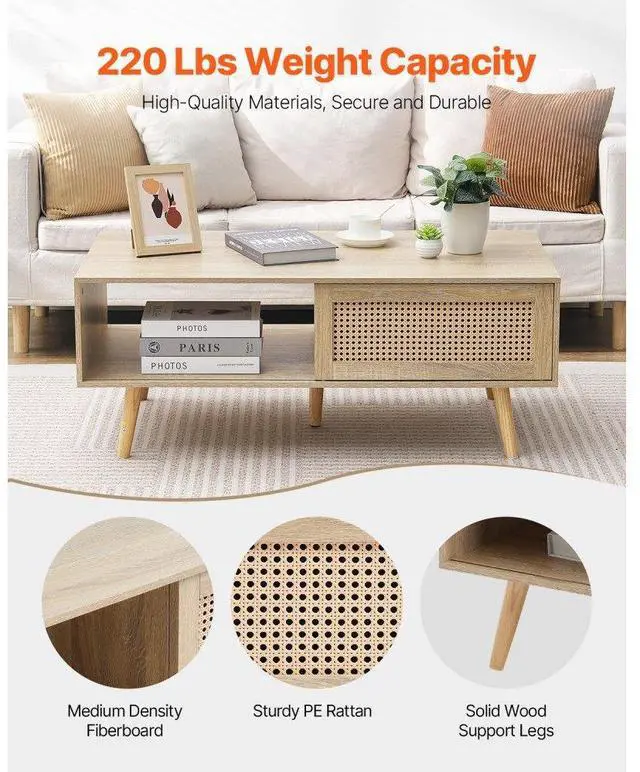 Alt view image 3 of 7 - VEVOR Rattan Coffee Table, Mid Century Coffee Table, Rectangle Wood Coffee Table, 42 Inch Modern Boho Style Two Layers Storage Coffee Table, for Living Room, Bedroom & Small Spaces
