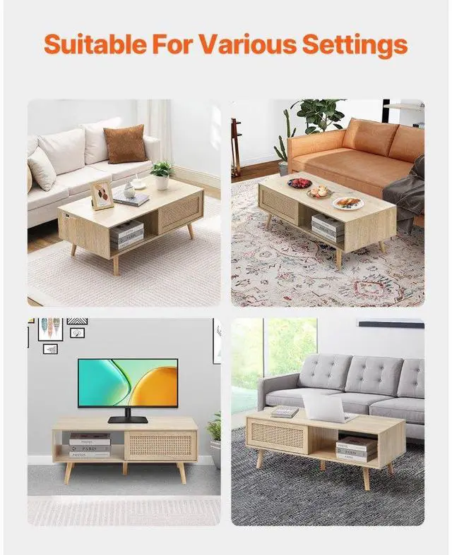 Alt view image 6 of 7 - VEVOR Rattan Coffee Table, Mid Century Coffee Table, Rectangle Wood Coffee Table, 42 Inch Modern Boho Style Two Layers Storage Coffee Table, for Living Room, Bedroom & Small Spaces