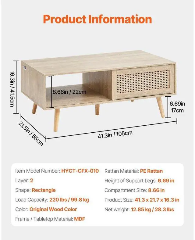Alt view image 7 of 7 - VEVOR Rattan Coffee Table, Mid Century Coffee Table, Rectangle Wood Coffee Table, 42 Inch Modern Boho Style Two Layers Storage Coffee Table, for Living Room, Bedroom & Small Spaces