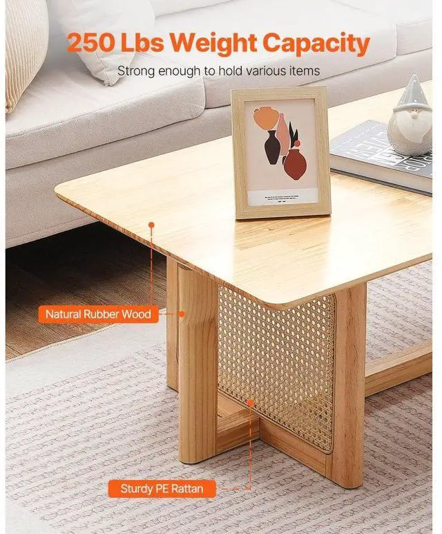 Alt view image 3 of 7 - VEVOR Rattan Coffee Table, Rectangle Rattan Woven Wood Mid Century Coffee Table with Rubber Wood Top, 47-Inch Modern Boho Storage Coffee Table with Natural Wood Legs, for Living Room, Bedroom & Small