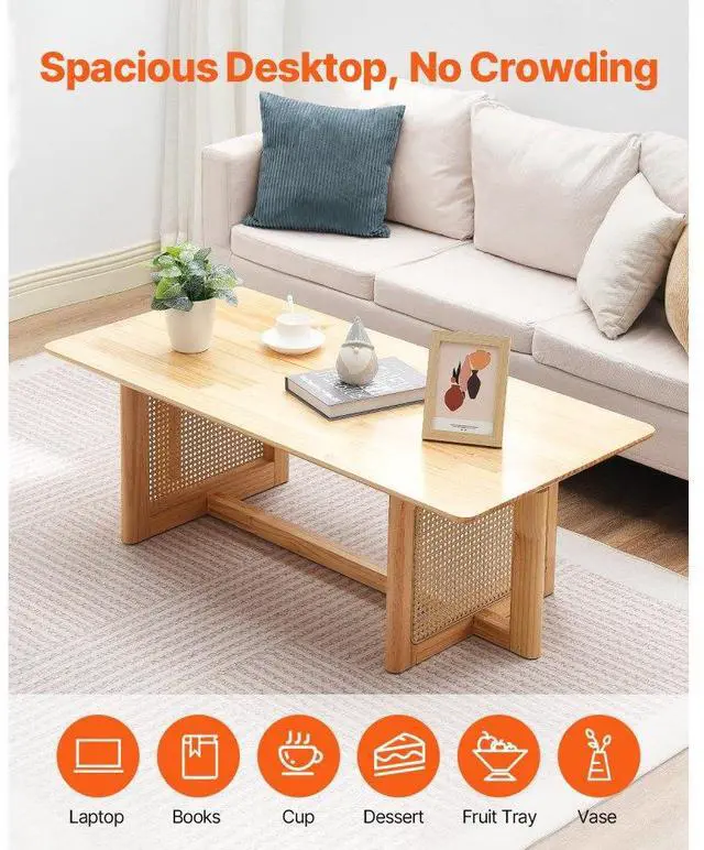 Alt view image 4 of 7 - VEVOR Rattan Coffee Table, Rectangle Rattan Woven Wood Mid Century Coffee Table with Rubber Wood Top, 47-Inch Modern Boho Storage Coffee Table with Natural Wood Legs, for Living Room, Bedroom & Small