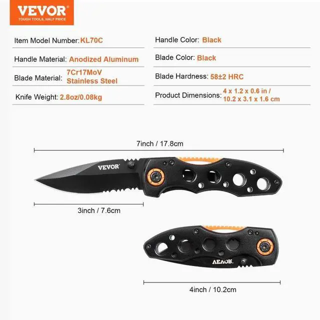 Alt view image 7 of 7 - VEVOR Folding Pocket Knife 3 in/7.6 cm 7Cr17Mov Blade Aluminum Handle Sharp