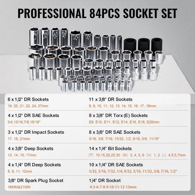 Alt view image 3 of 7 - VEVOR 121-Piece Mechanics Tool Set 1/4" 3/8" 1/2" Drive Sockets SAE and Metric