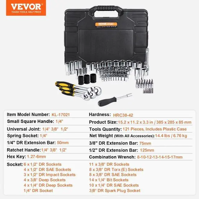 Alt view image 7 of 7 - VEVOR 121-Piece Mechanics Tool Set 1/4" 3/8" 1/2" Drive Sockets SAE and Metric