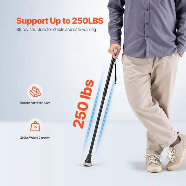 Alt view image 4 of 7 - VEVOR Walking Cane Folding Walking Stick with 8-Level Adjustable Height & Pivoting Tip