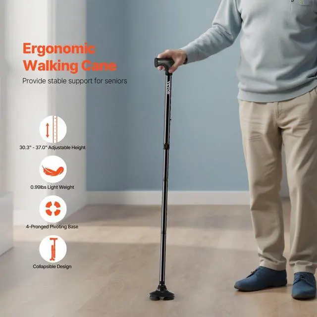 Alt view image 2 of 14 - VEVOR Walking Cane Folding Walking Stick with 8-Level Height & 4-Pronged Pivoting Base