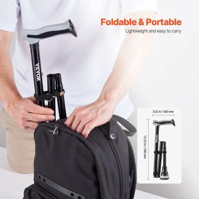 Alt view image 5 of 7 - VEVOR Walking Cane Folding Walking Stick with 8-Level Adjustable Height & Pivoting Tip