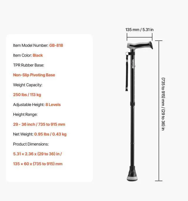 Alt view image 7 of 7 - VEVOR Walking Cane Folding Walking Stick with 8-Level Adjustable Height & Pivoting Tip
