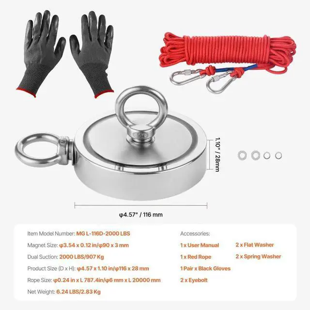 Alt view image 7 of 7 - 2000 LBS Strong Fishing Magnet Kit Double Sided Pull Force and Rope Carabiner