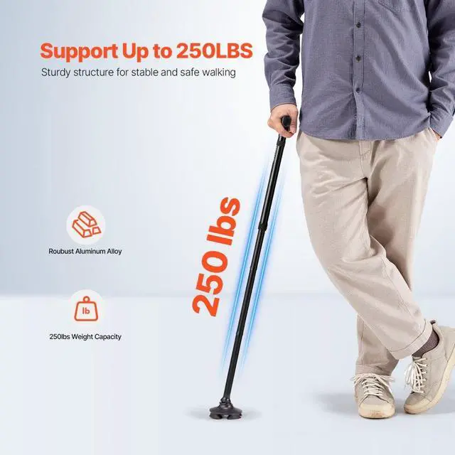 Alt view image 4 of 14 - VEVOR Walking Cane Folding Walking Stick with 8-Level Height & 4-Pronged Pivoting Base