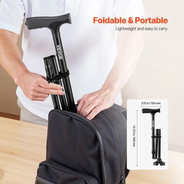 Alt view image 5 of 14 - VEVOR Walking Cane Folding Walking Stick with 8-Level Height & 4-Pronged Pivoting Base