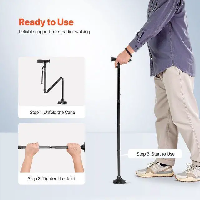 Alt view image 6 of 14 - VEVOR Walking Cane Folding Walking Stick with 8-Level Height & 4-Pronged Pivoting Base