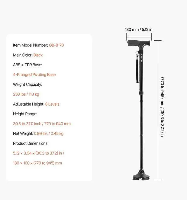 Alt view image 7 of 14 - VEVOR Walking Cane Folding Walking Stick with 8-Level Height & 4-Pronged Pivoting Base