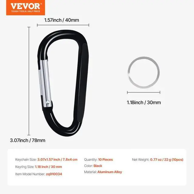 Alt view image 7 of 7 - VEVOR Caribeaner Clip Spring Snap Hook Keyring Camping Sports Karabiner 10 PCS