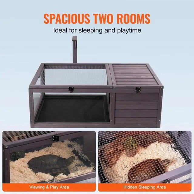 Alt view image 4 of 7 - VEVOR Tortoise Habitat Wooden Tortoise House Indoor & Outdoor 2-Room 38x24x13in
