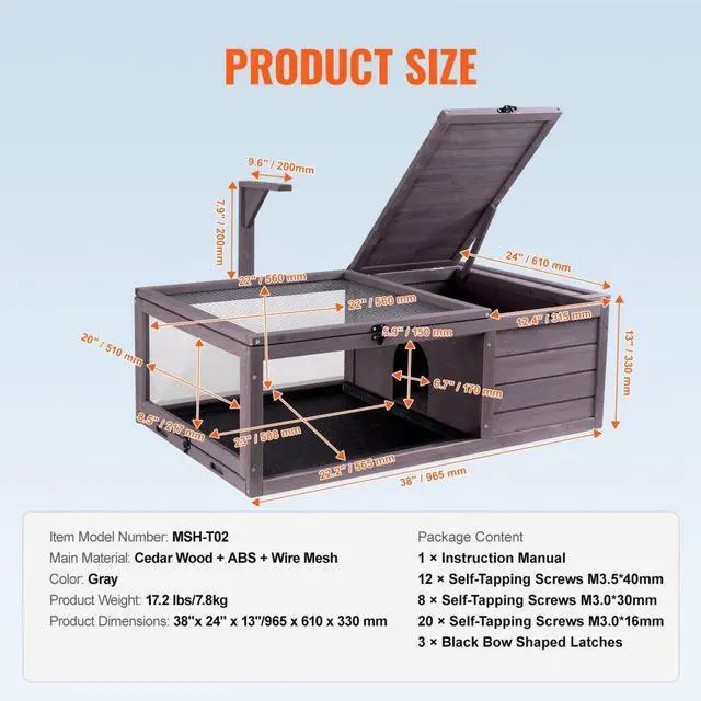 Alt view image 7 of 7 - VEVOR Tortoise Habitat Wooden Tortoise House Indoor & Outdoor 2-Room 38x24x13in