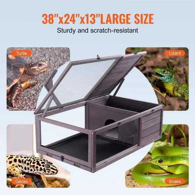 Alt view image 6 of 7 - VEVOR Tortoise Habitat Wooden Tortoise House Indoor & Outdoor 2-Room 38x24x13in