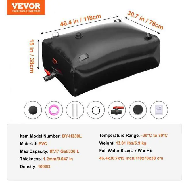 Alt view image 7 of 7 - VEVOR Portable Water Storage Bladder 87 Gal PVC Collapsible Water Tank Black