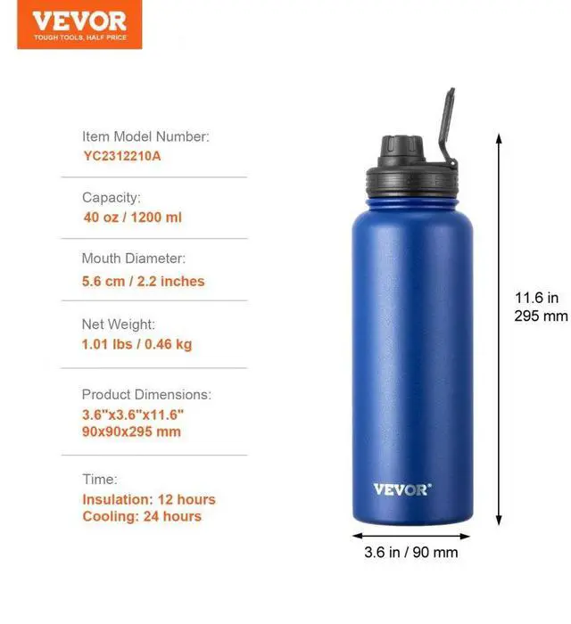 Alt view image 7 of 7 - VEVOR 40 oz Insulated Water Bottle Stainless Steel with Wide Mouth Lid Blue