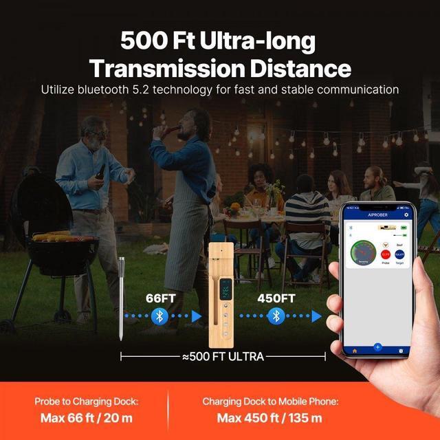 Alt view image 2 of 7 - VEVOR Wireless Meat Thermometer Bluetooth Meat Probe 500 ft Range for Cooking