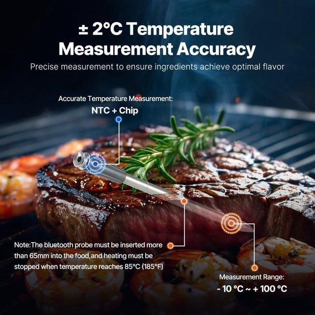 Alt view image 4 of 7 - VEVOR Wireless Meat Thermometer Bluetooth Meat Probe 500 ft Range for Cooking