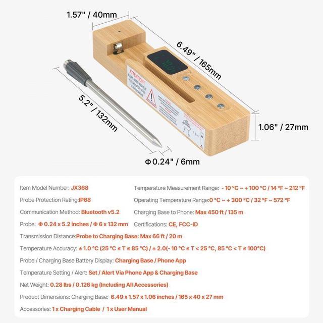 Alt view image 7 of 7 - VEVOR Wireless Meat Thermometer Bluetooth Meat Probe 500 ft Range for Cooking