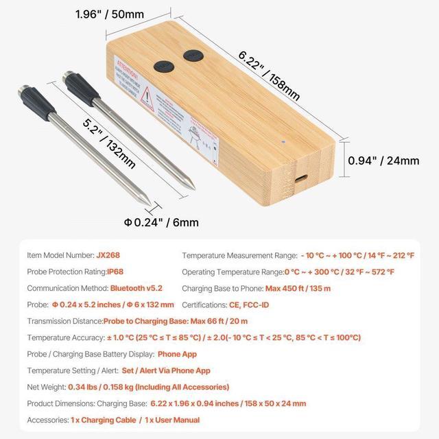 Alt view image 7 of 7 - VEVOR Wireless Meat Thermometer Bluetooth Meat Probe Two Probes for Cooking